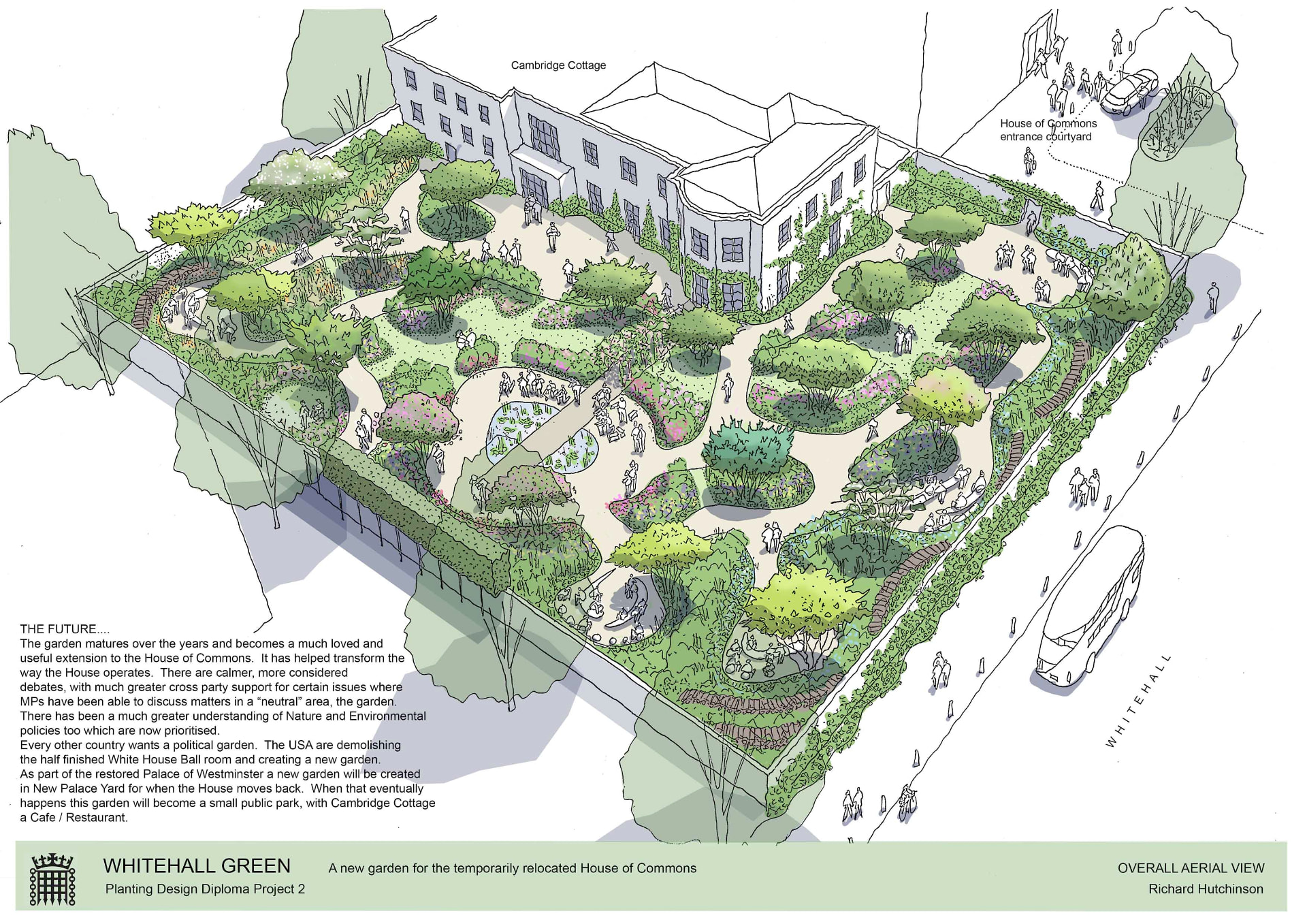 Overall aerial view sketch of the Whitehall Green garden