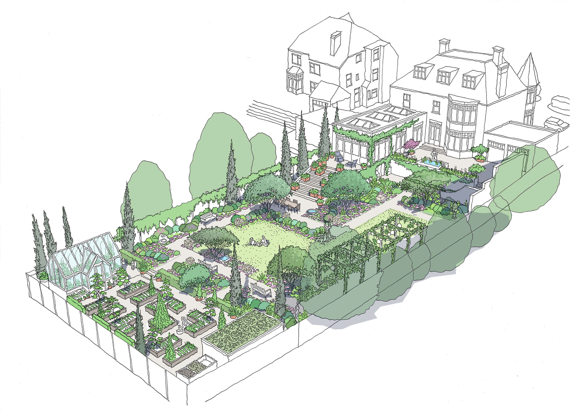 Hand-drawn aerial illustration of the garden masterplan with cypress, terraces and kitchen garden