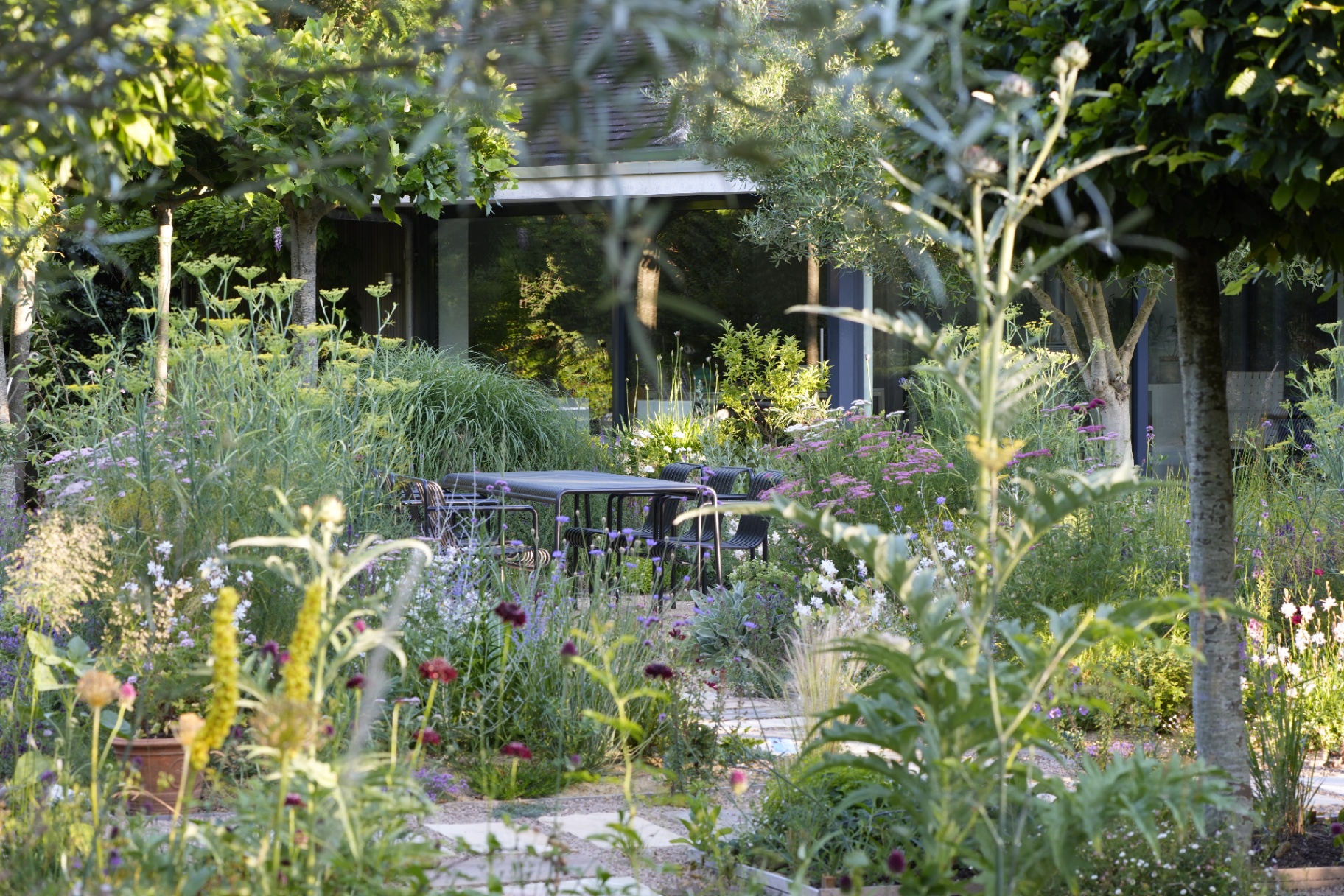 A warm Mediterranean gravel garden with lavender, stipa grass and a weathered stone path