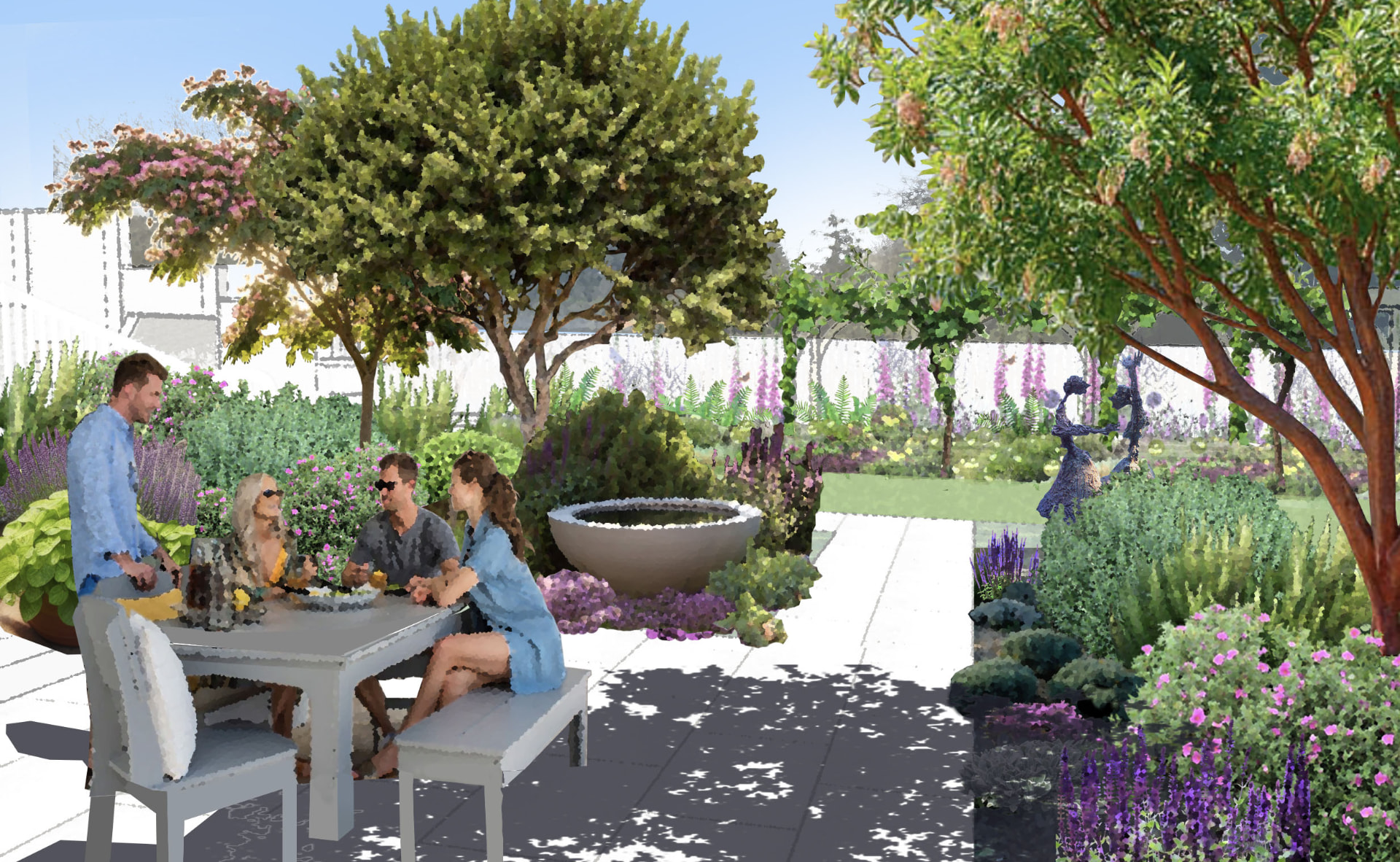 Visualisation of the entertainment terrace with dining table and water bowl