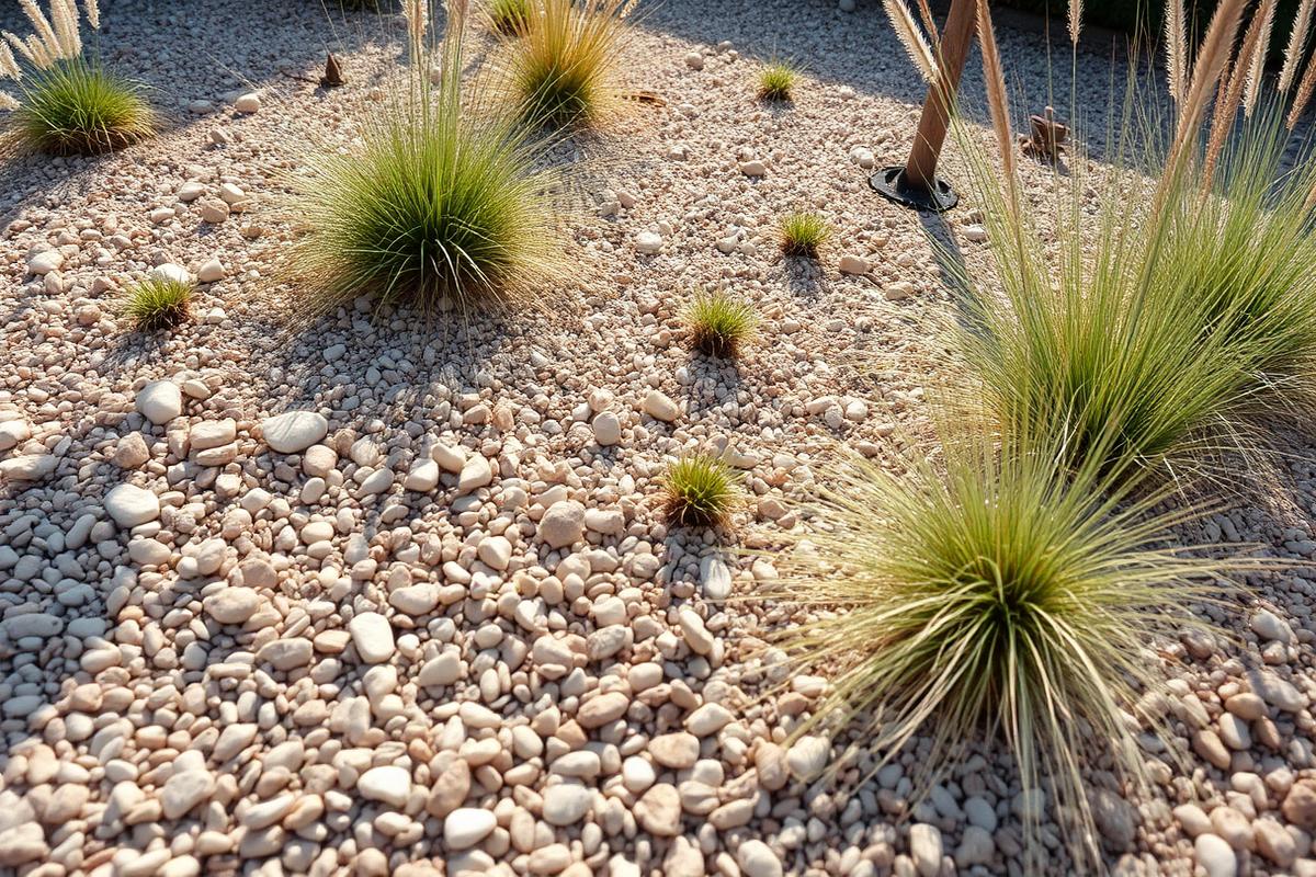 A gravel garden bed being mulched with pale pebbles