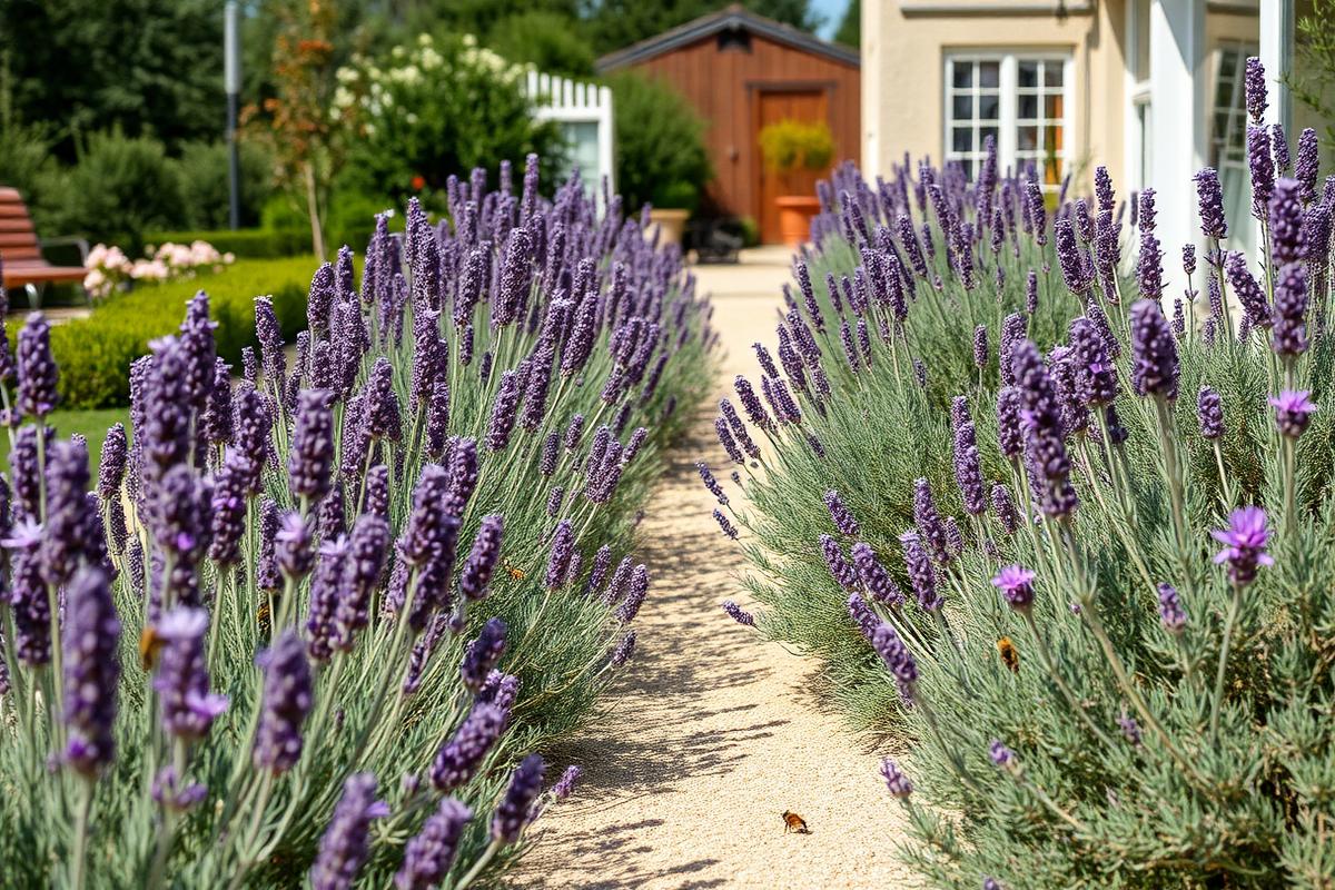 Lavender and rosemary lining a pale gravel path