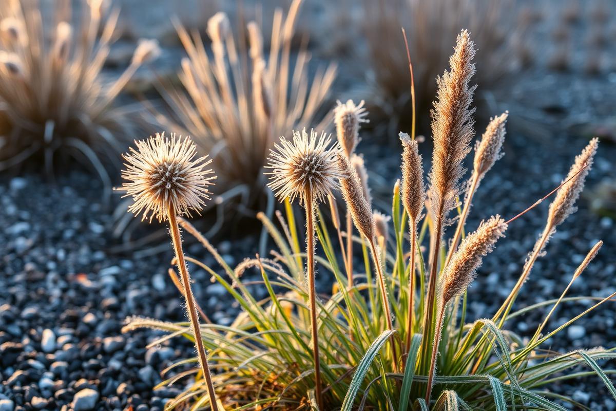 Frosted seed heads and grasses in a winter gravel garden